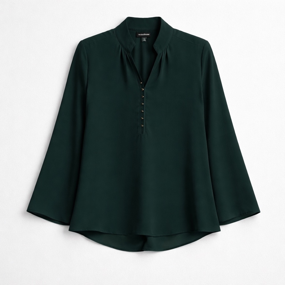 le chateau Dark Green Split-Neck Button Blouse